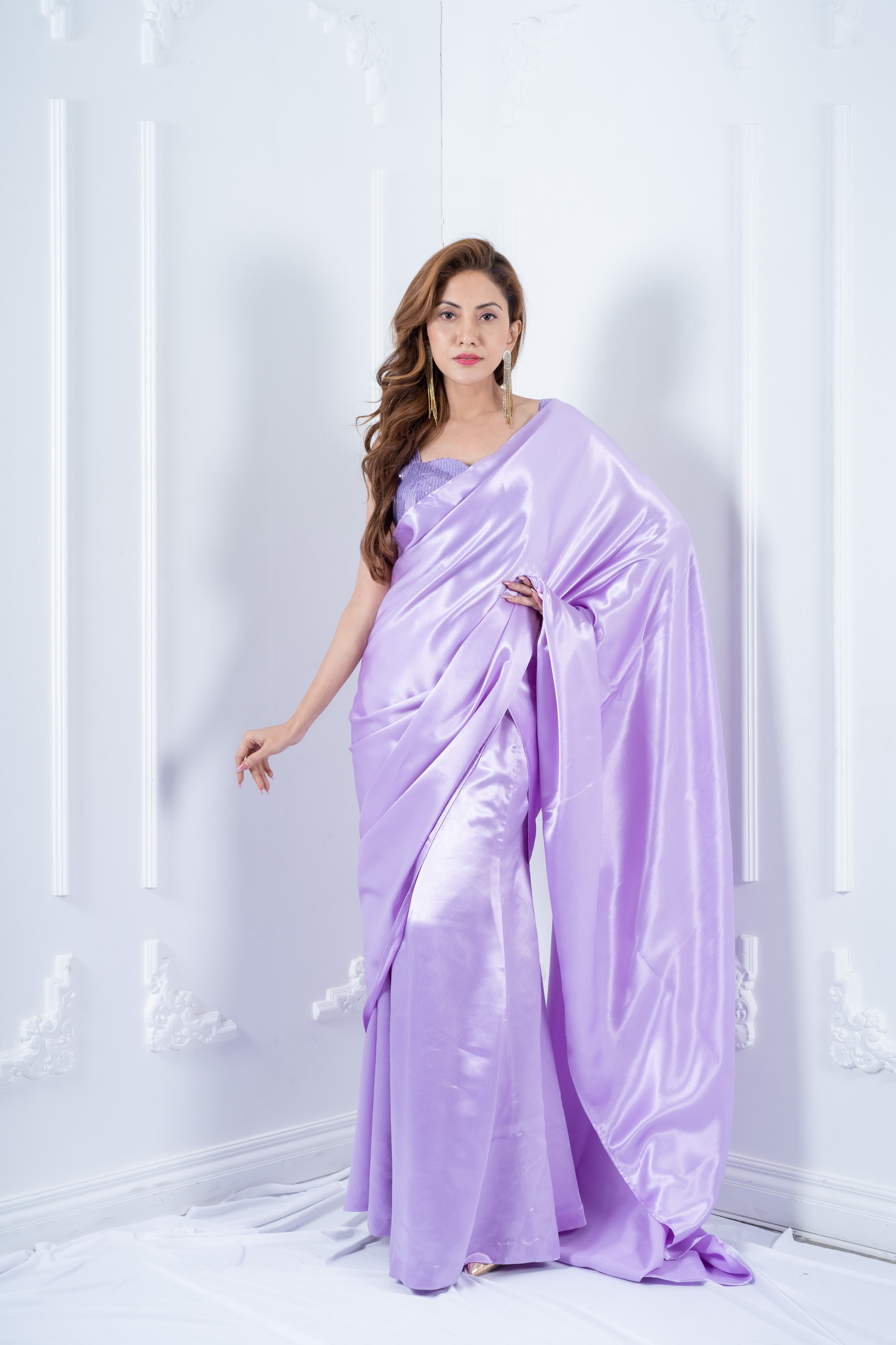 Lavender fish cut satin saree